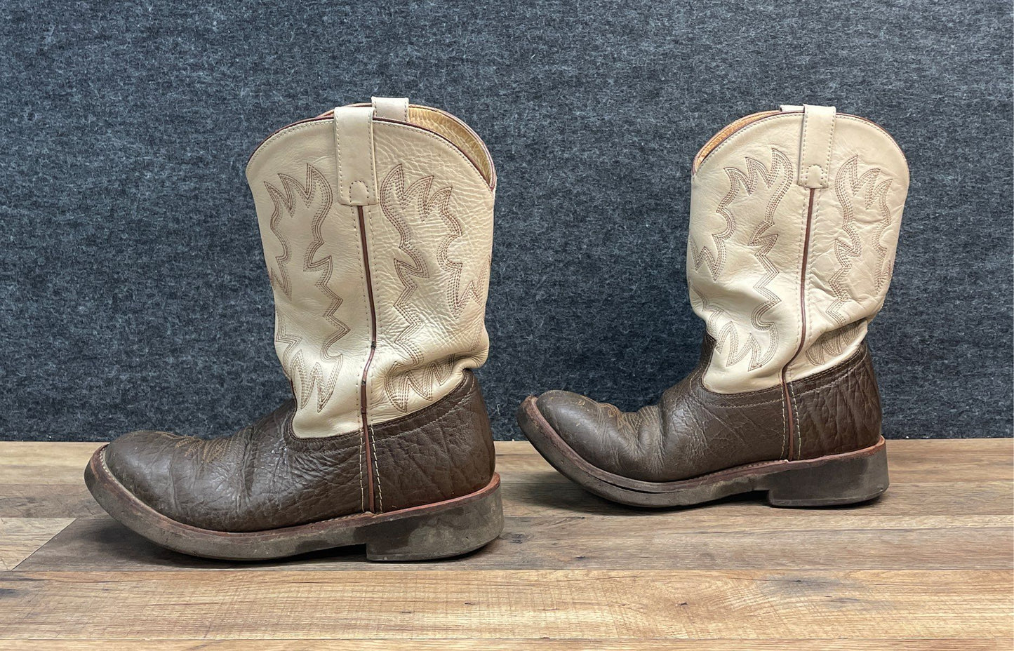 Two-Tone Leather Western Cowboy Boots Cream Brown Pebbled Vamp Men's Size 10