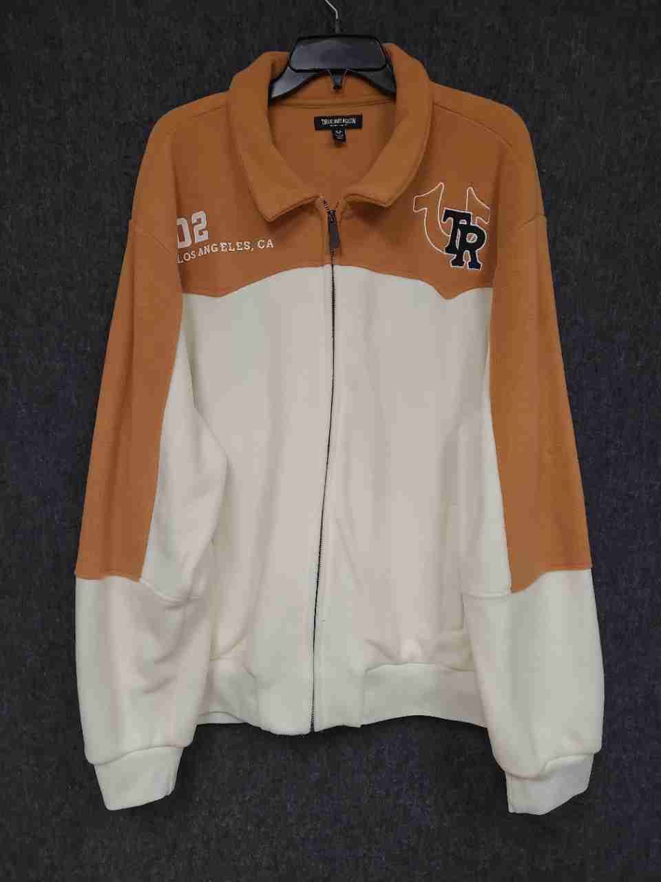 True Religion Men's Zip Up Fleece Jacket Mustard Cream Colorblock Logo Sz XL