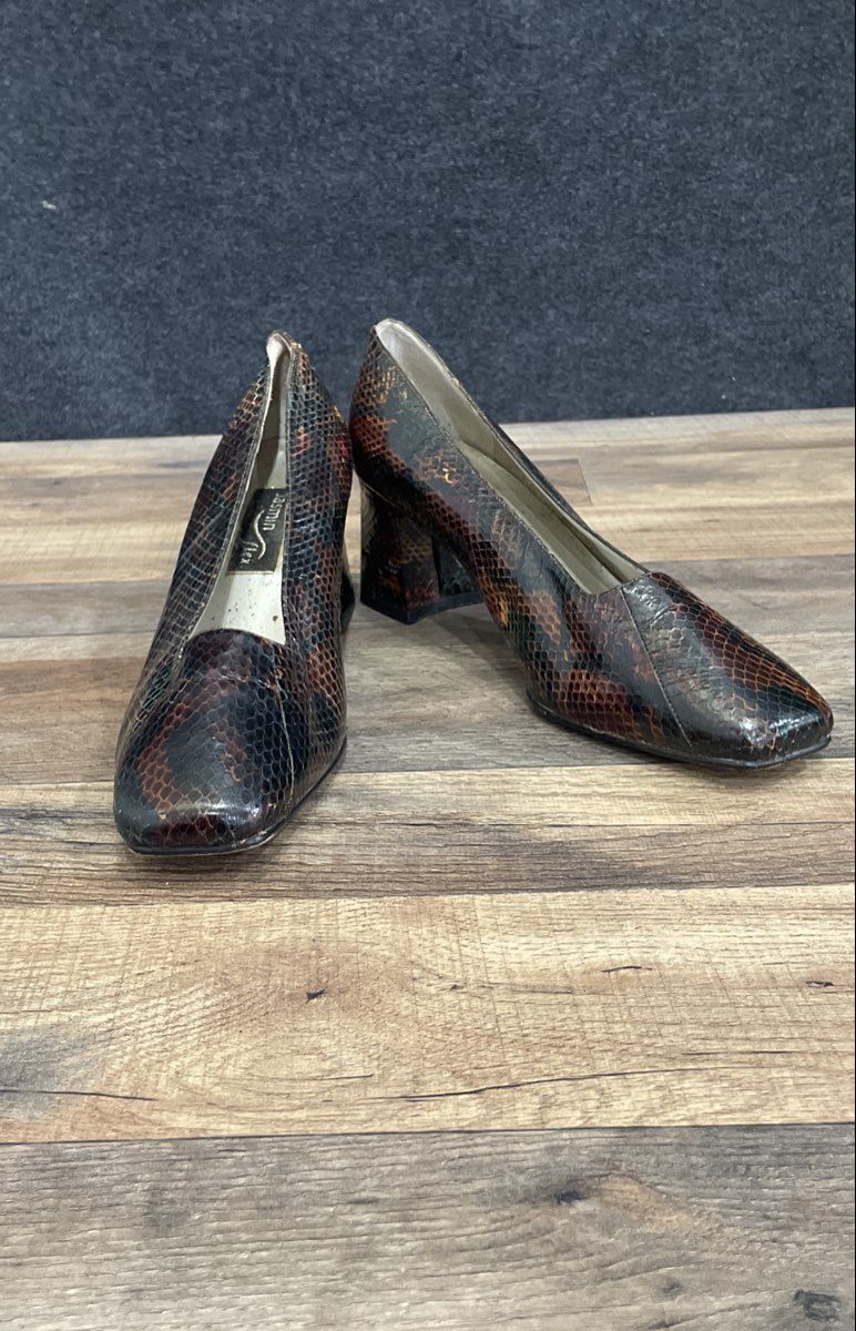 Jasmin Flex Amy Brown Snakeskin Print Chunky Block Heel Pumps Women's Size 10B