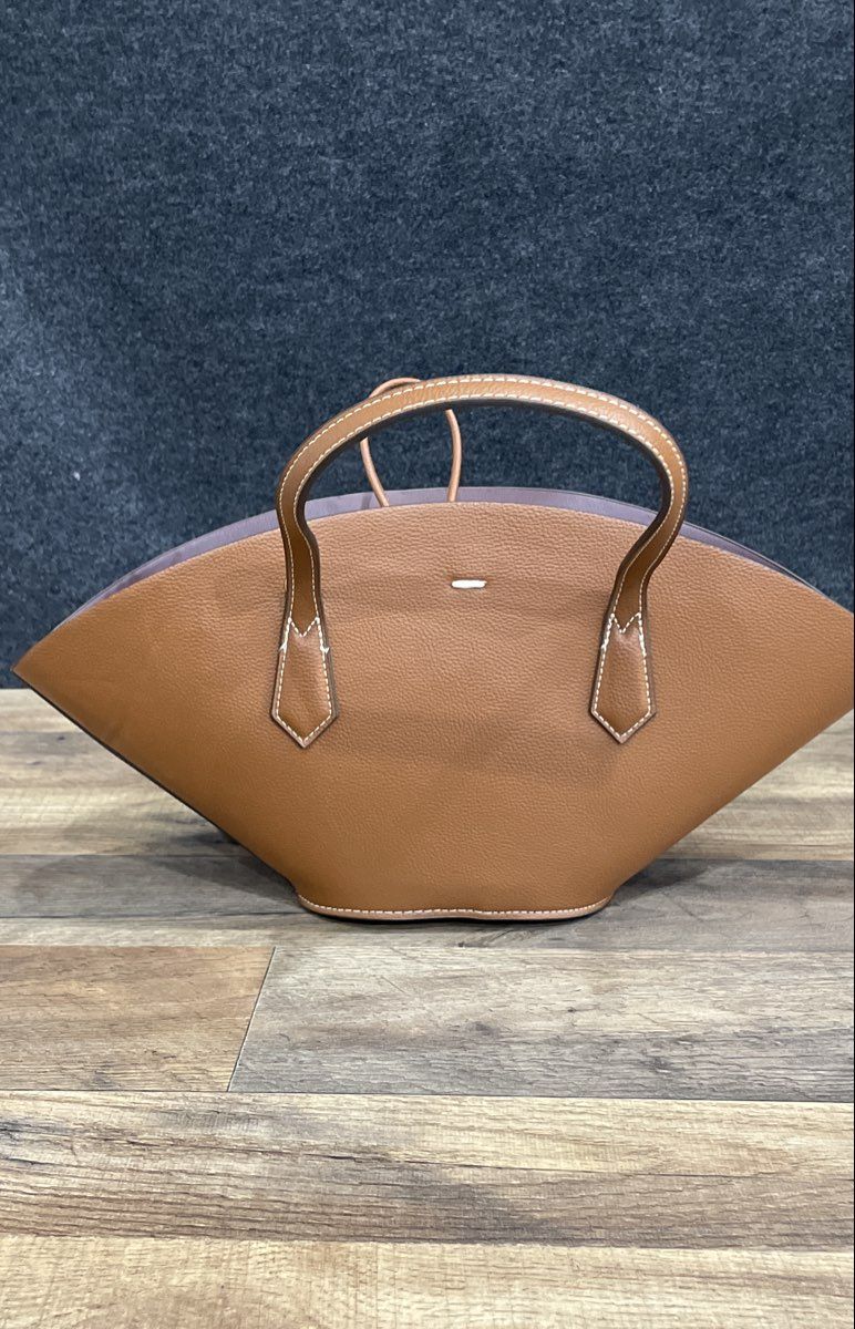 Zara Tan Pebbled Architectural Fan Tote Bag with Contrast Stitching & Pouch