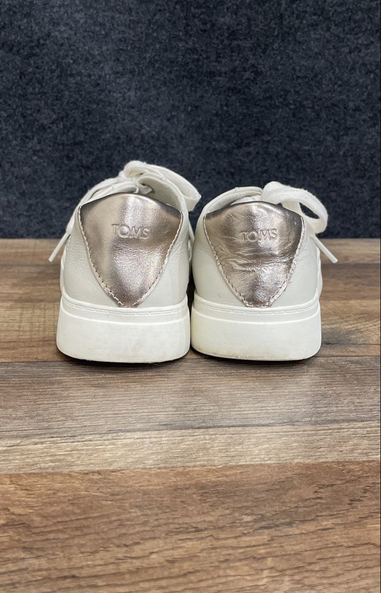 Toms White Leather Metallic Heel Tab Lace Up Sneakers Size 7