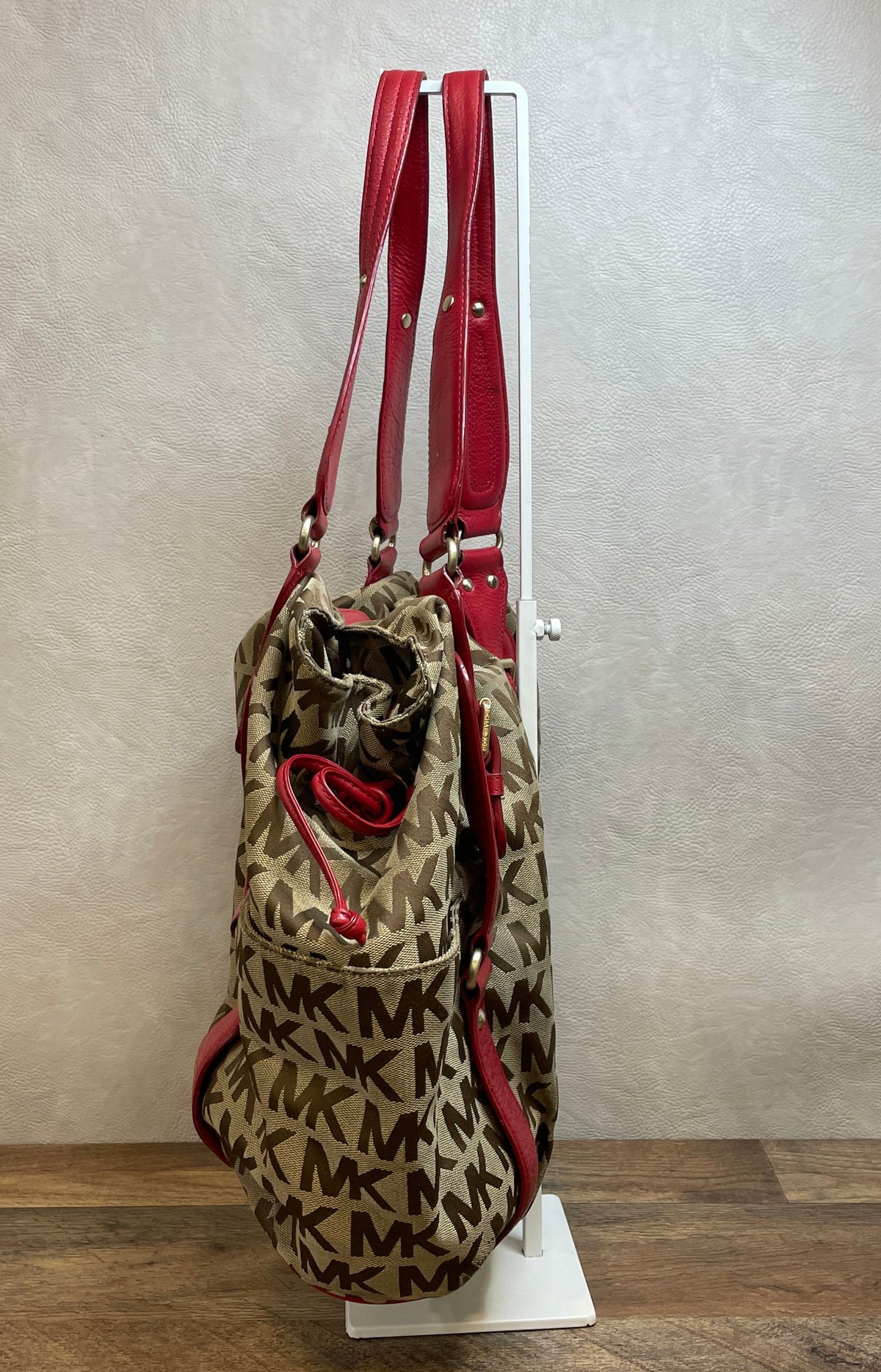 Michael Kors Brown Red Signature Monogram Canvas Hobo Shoulder Bag Gold Hardware