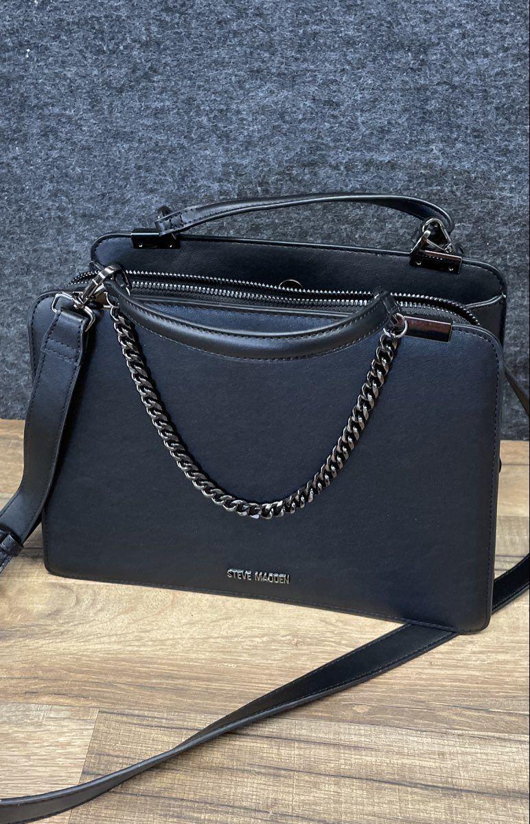 Steve Madden Black Leather Triple Compartment Satchel Crossbody Bag Gunmetal