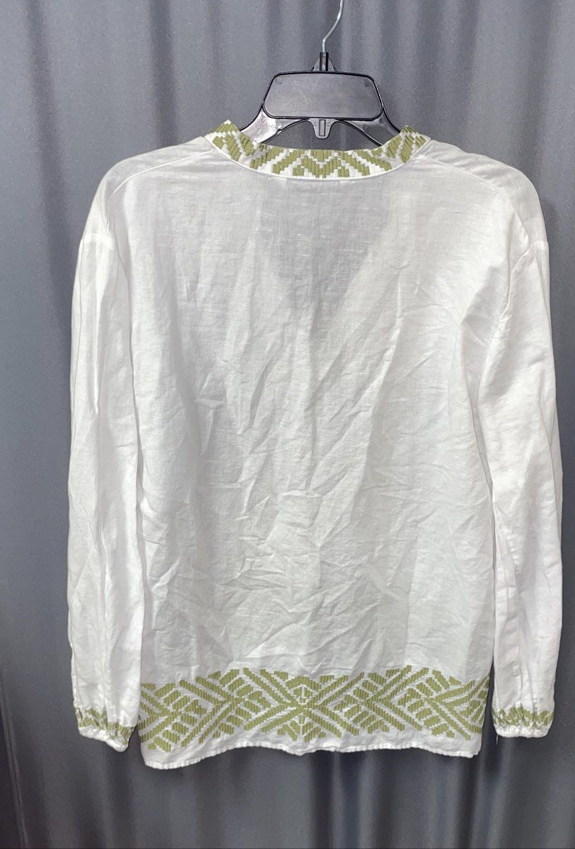 Zara Women's White Green Geometric Embroidered V-Neck Blouse Tunic Sz M