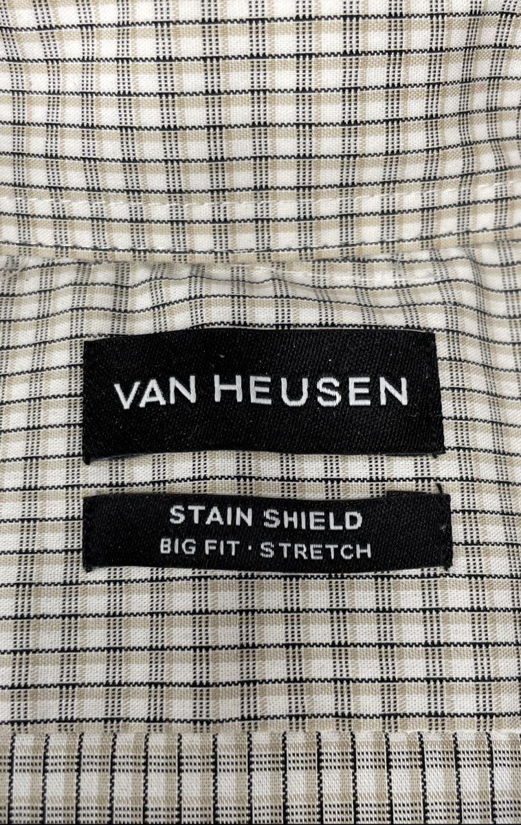 Van Heusen Men's Dress Shirt Tan Black White Check Stain Shield Big Fit NWT 19