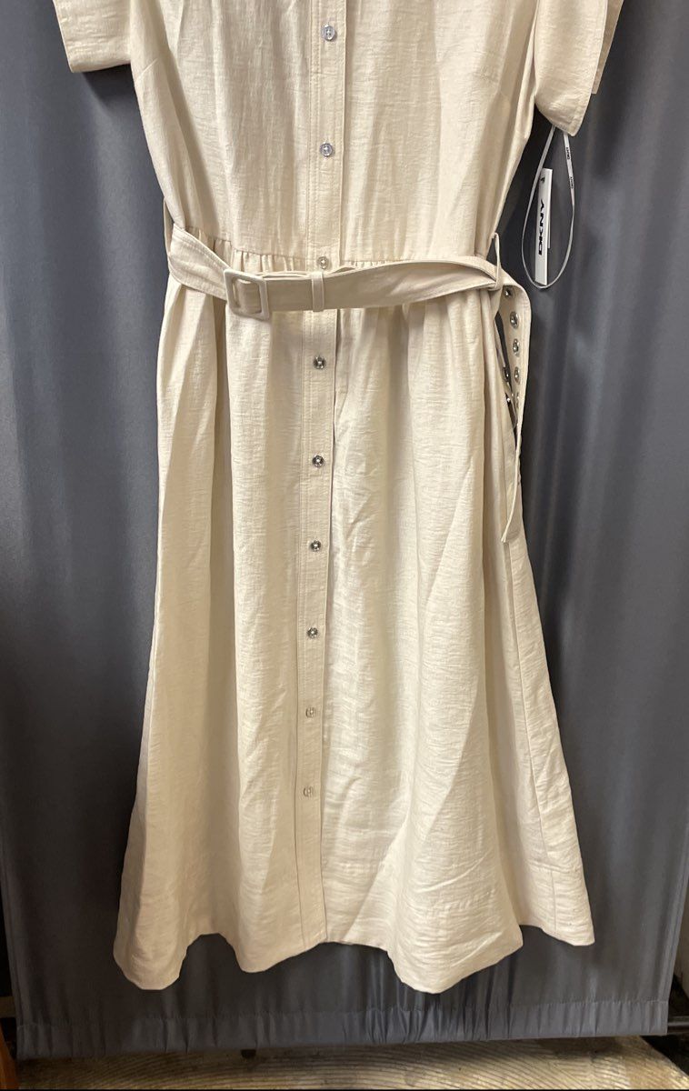 DKNY Women's Beige Lyocell Blend Grommet Belted Button-Up Dress Sz 4 NWT