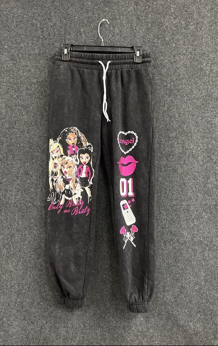Bratz Women's Faded Black Acid Wash Y2K Graphic Joggers Sweatpants Sz S