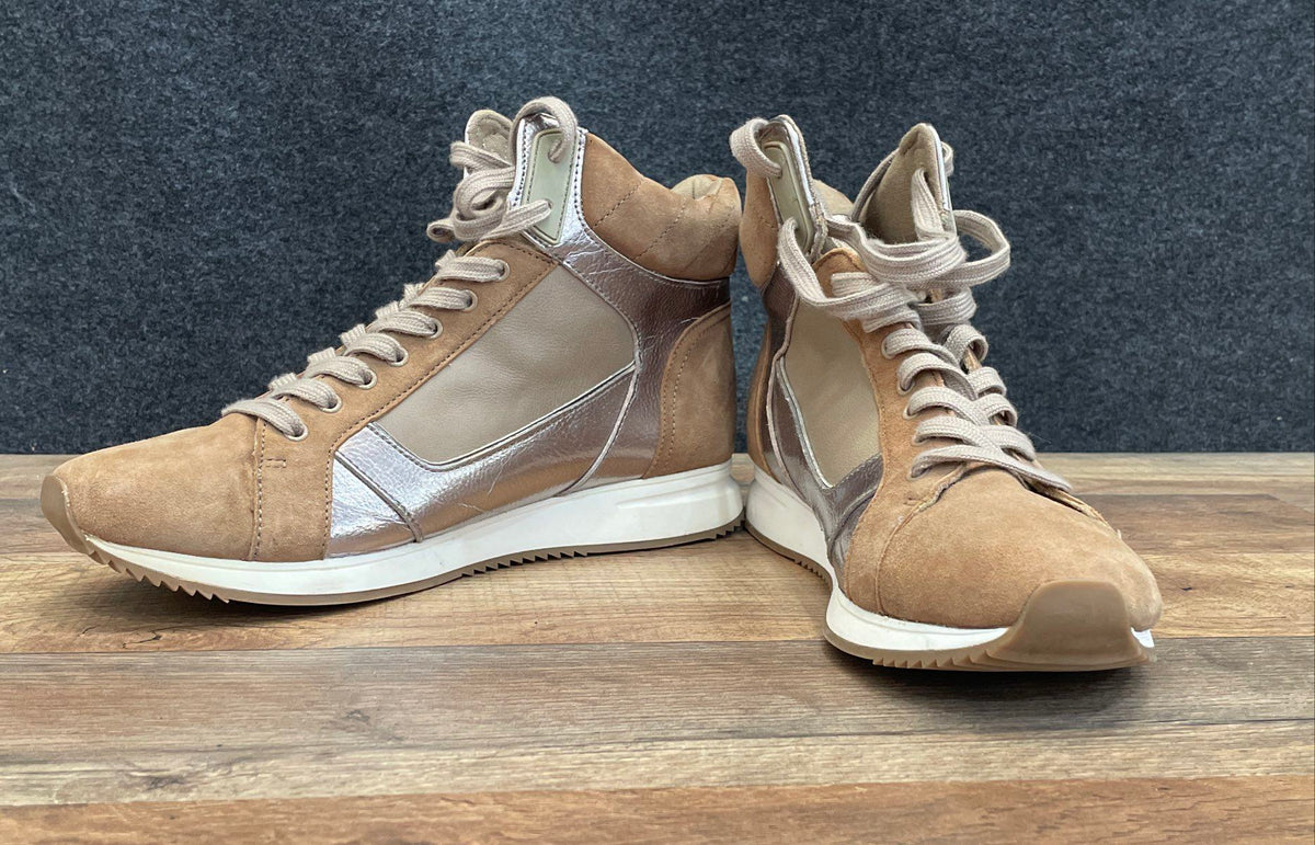 Aldo Women's Brown Suede Champagne Metallic Side Zip High Top Sneakers Size 8