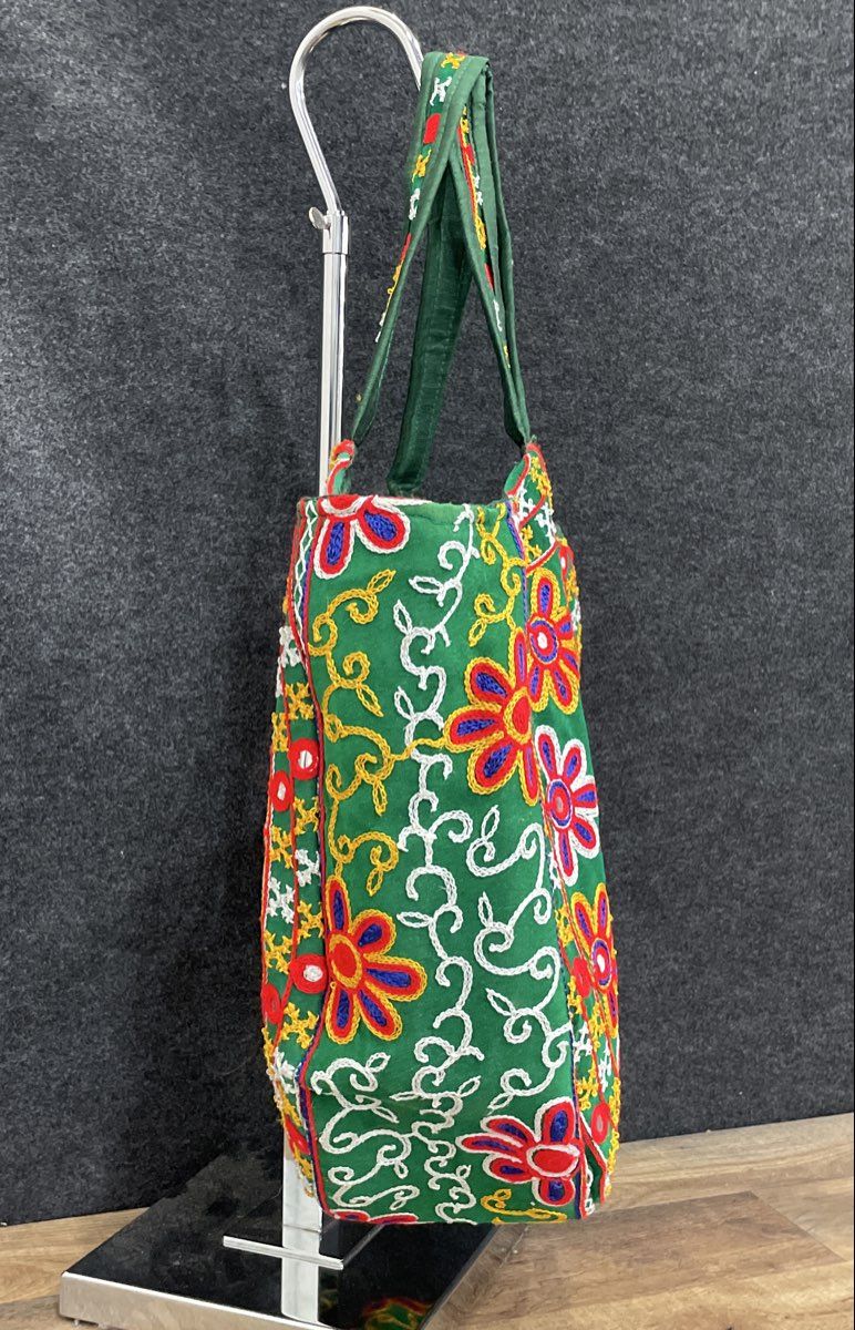 Green Embroidered Elephant Shisha Mirror Work Fabric Tote Shoulder Bag