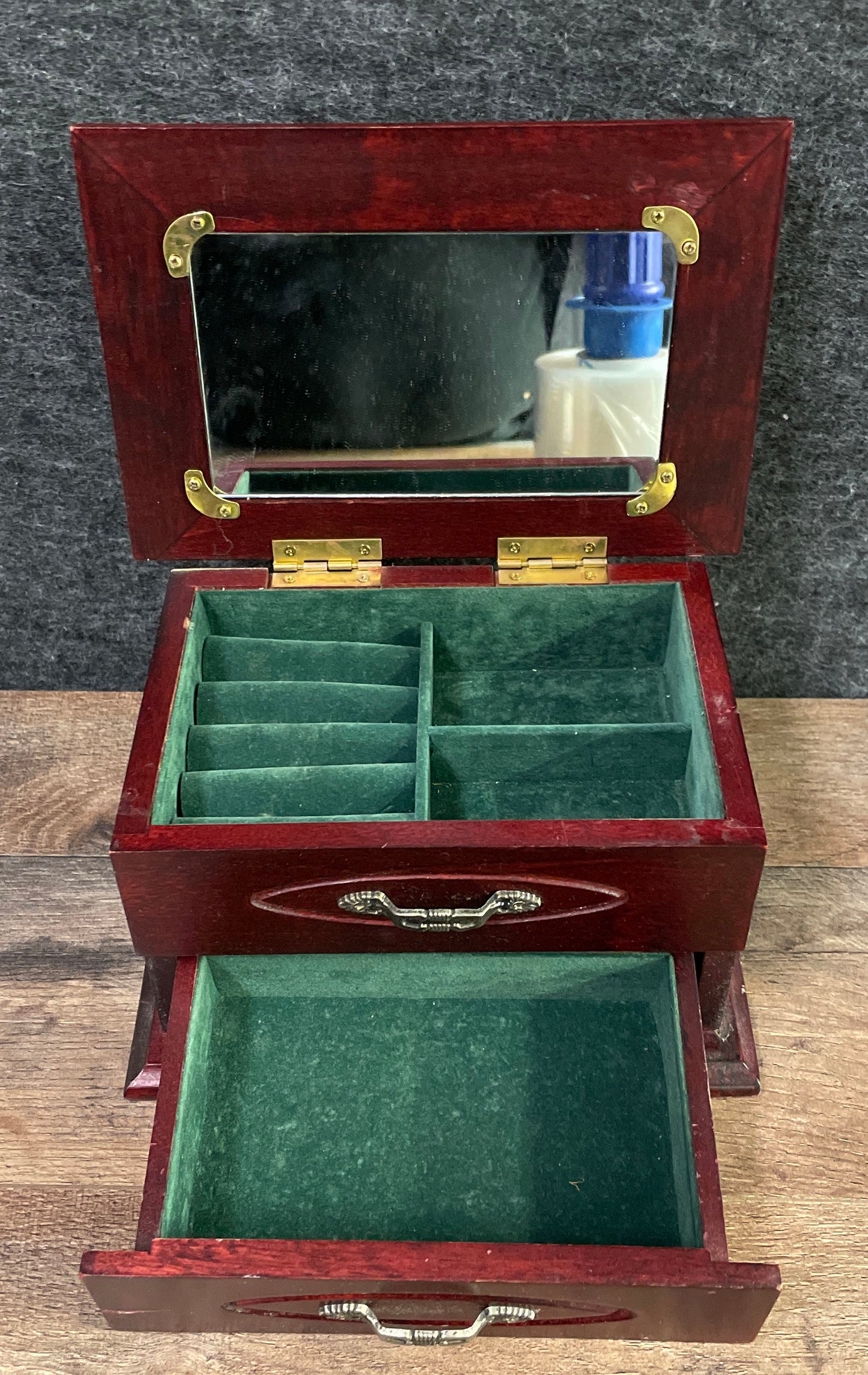 Vintage Wood Jewelry Box Tapestry Needlepoint Top Lid 2 Drawers Ring Holder