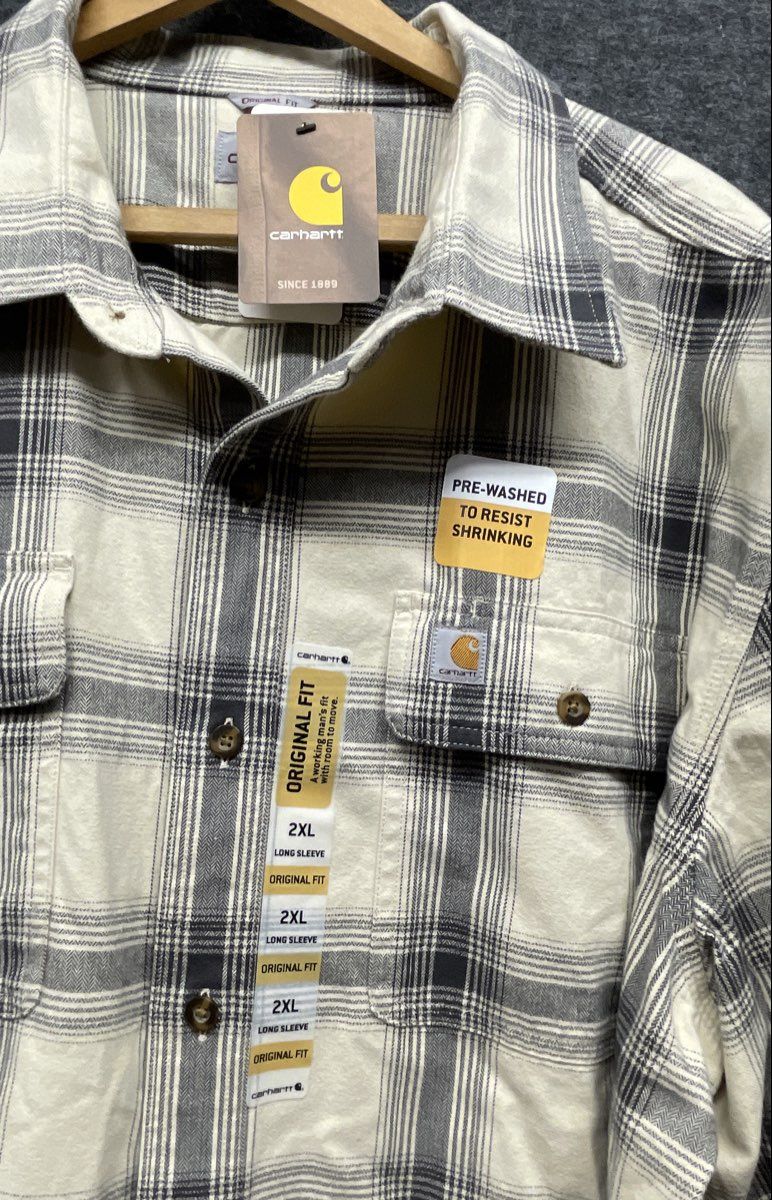 Carhartt Men's Cream Gray Plaid Button Up Shirt 104451 Original Fit NWT 2XL