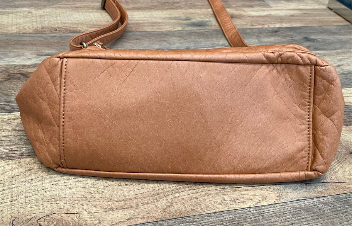 Bueno Brown Leather Multi-Pocket Crossbody Shoulder Bag Bronze Hardware