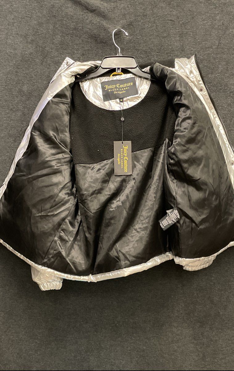 Juicy Couture Black Label Women's Silver Metallic Hooded Puffer Coat NWT Size M