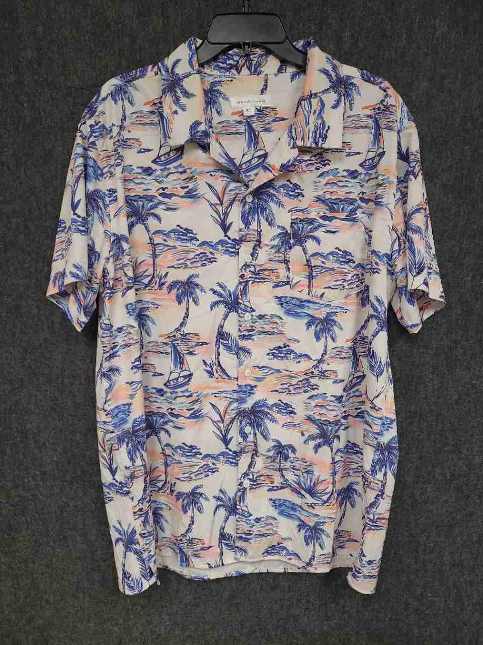 Vintage Summer Tropical Palm Tree Sailboat Print Button Up Shirt Sz XL