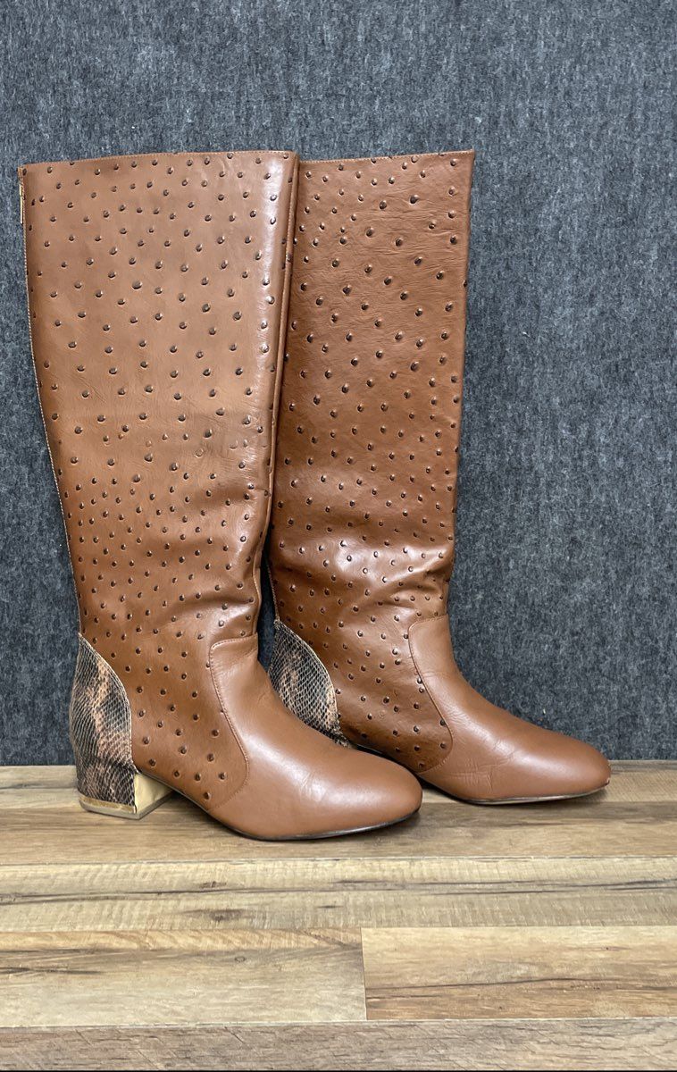 Juicy Couture Brown Ostrich Embossed Leather Tall Boots Women's Size 12W