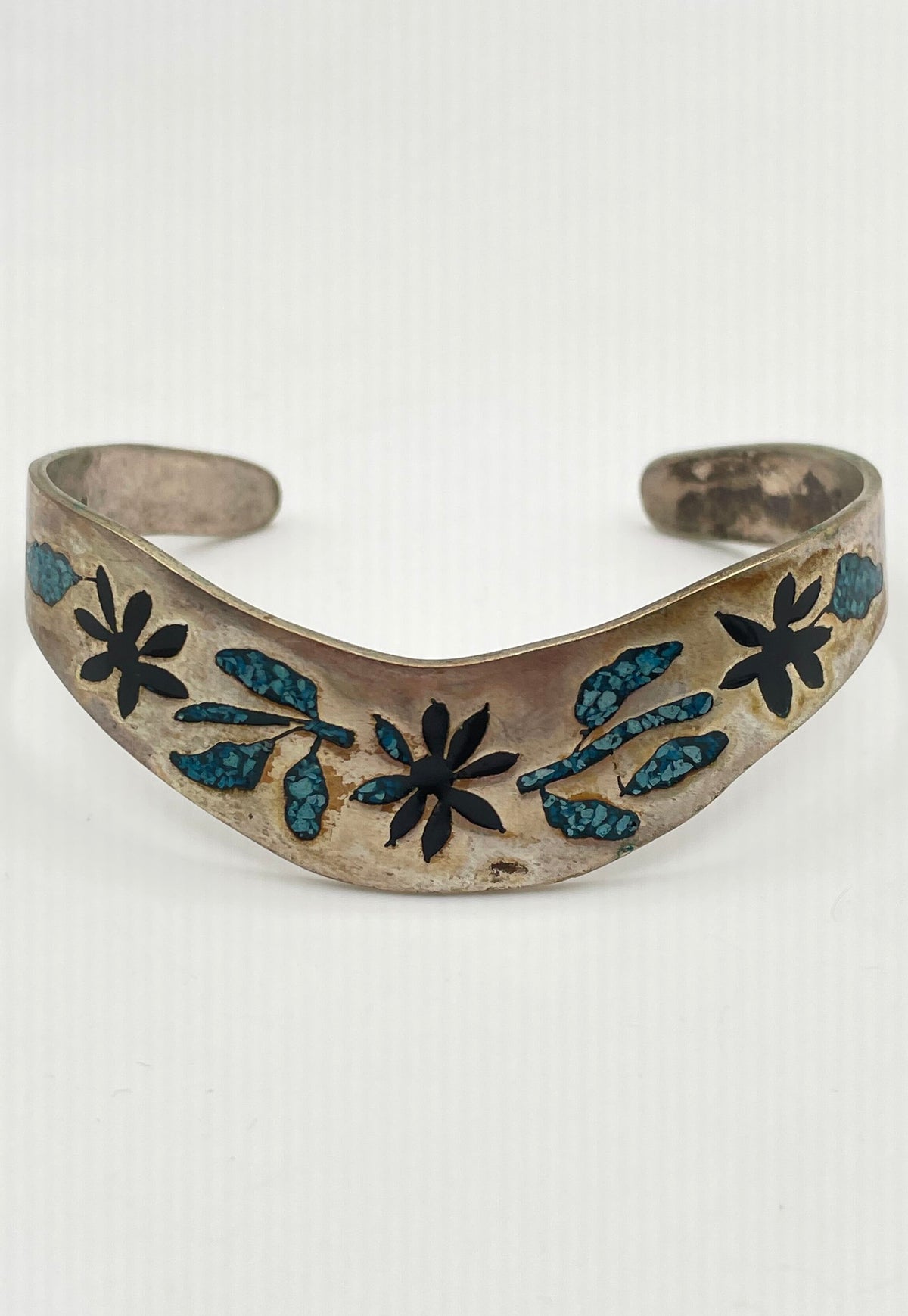 Alpaca Silver Crushed Turquoise Enamel Inlay Cuff Bracelet Mexico Marked 19.4g