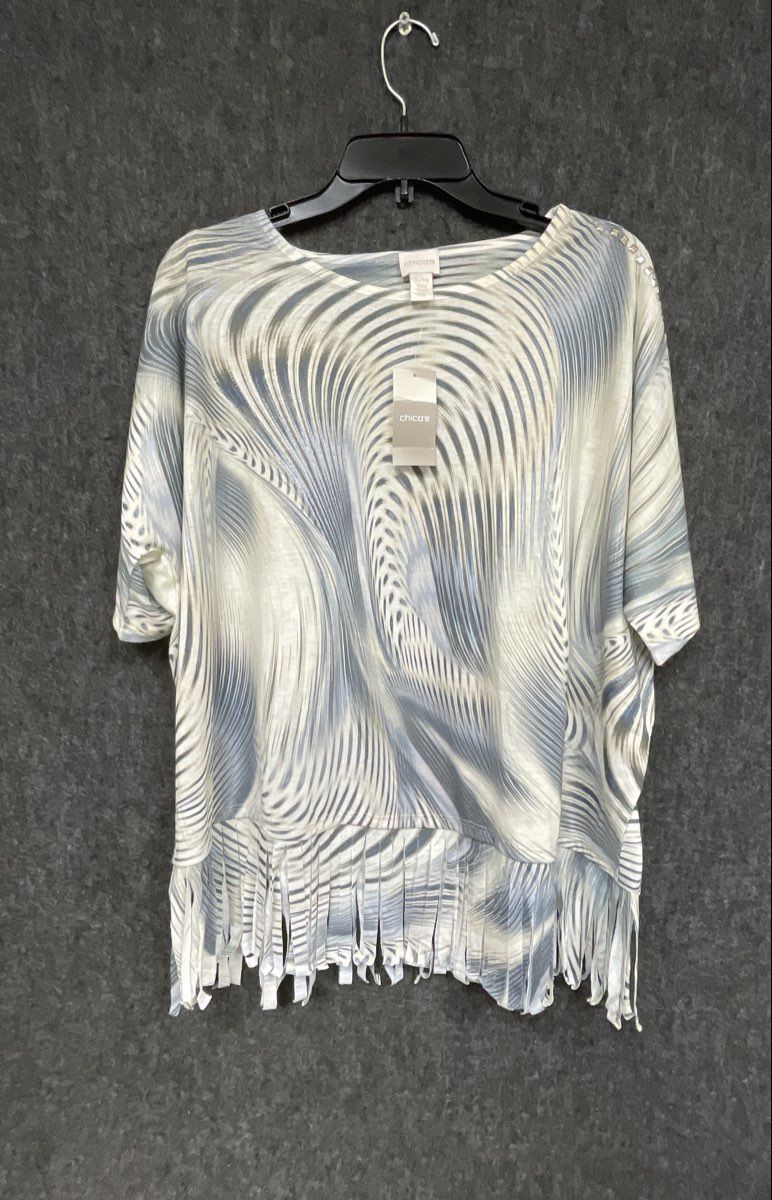Chico's Women's Blue White Abstract Swirl Print Fringe Hem Studded Top Sz S/M