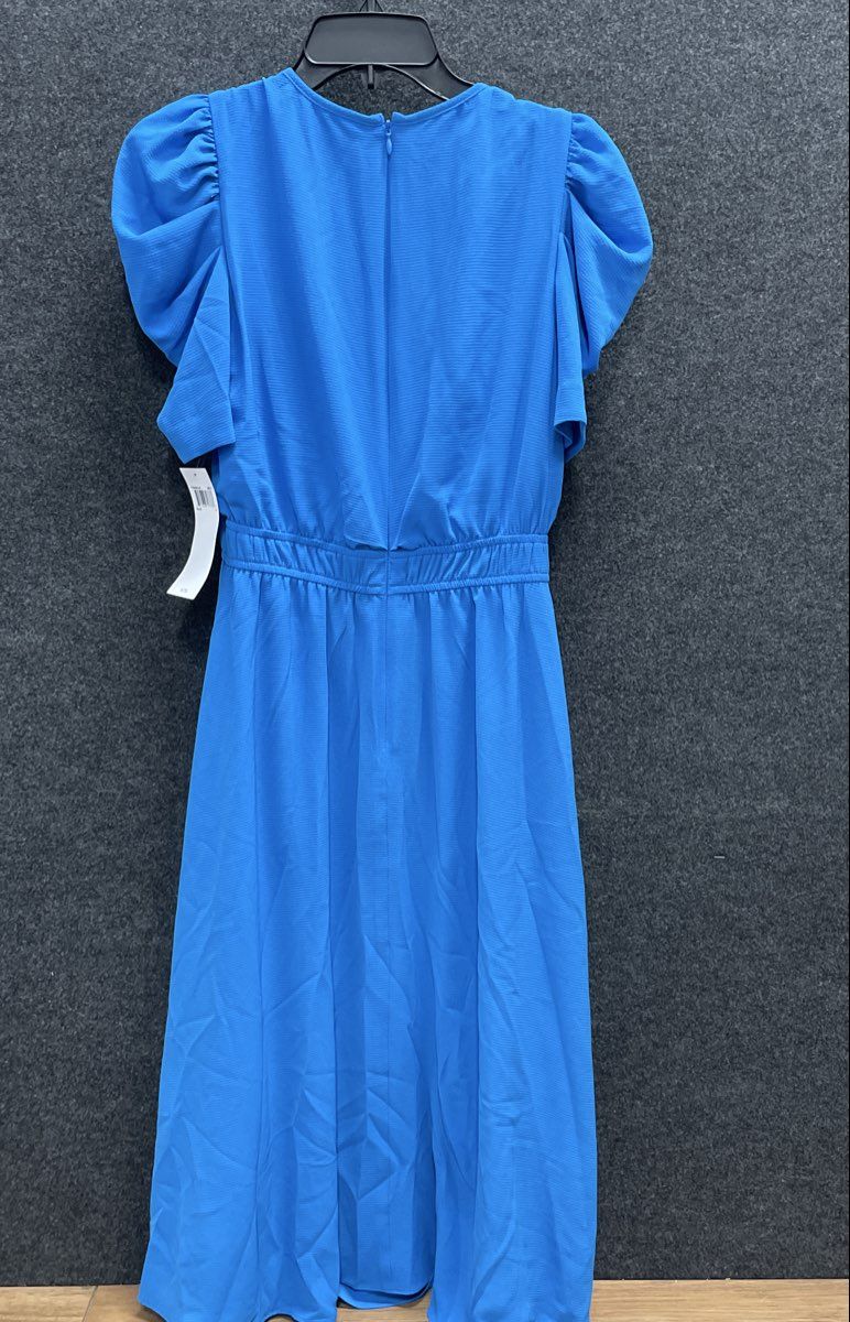 London Style Collection Women's Blue Puff Sleeve A-Line Midi Dress Sz 4 NWT