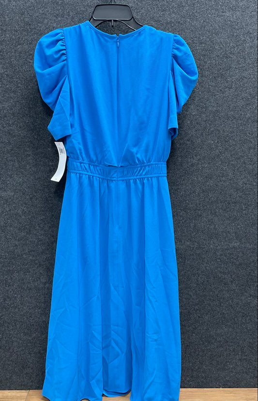 London Style Collection Women's Blue Puff Sleeve A-Line Midi Dress Sz 4 NWT