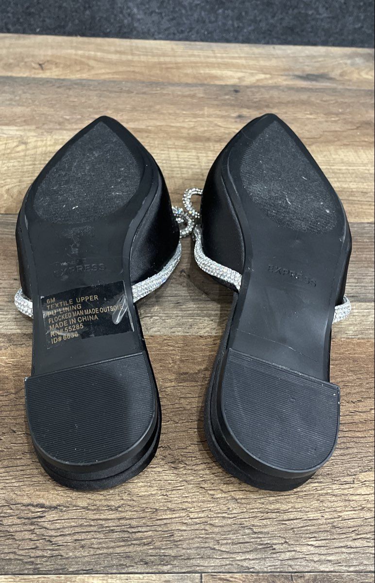 Express Black Rhinestone Bow Pointed Toe Mules Flat Slides Size 6M