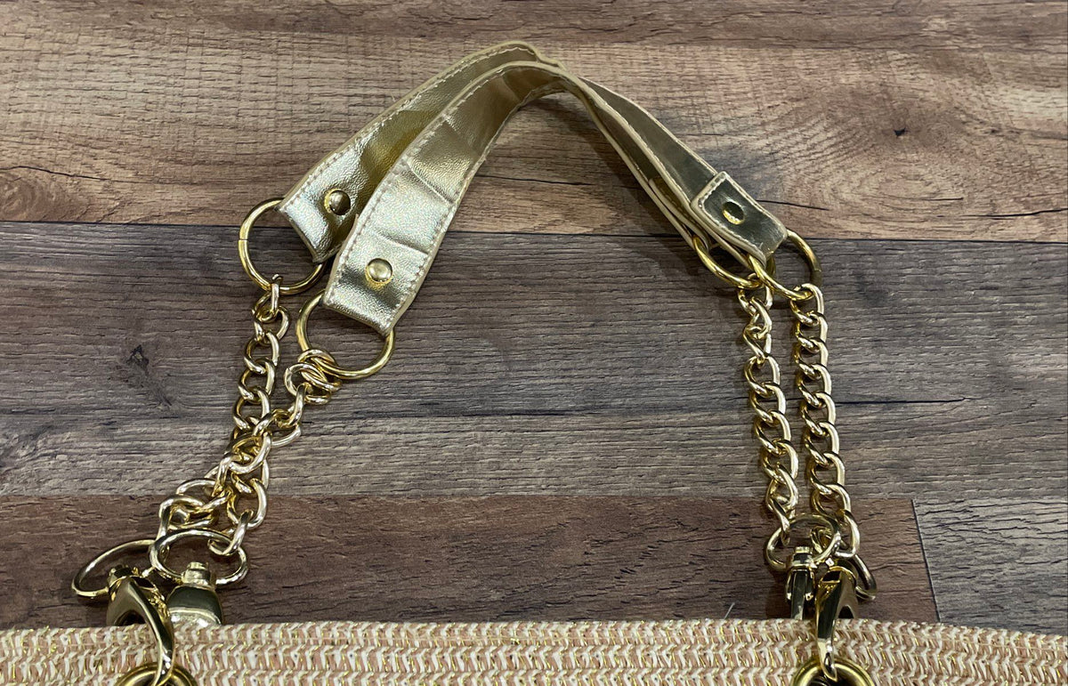 Unbranded Gold Woven Straw Tote Metallic Chain Link Shoulder Bag