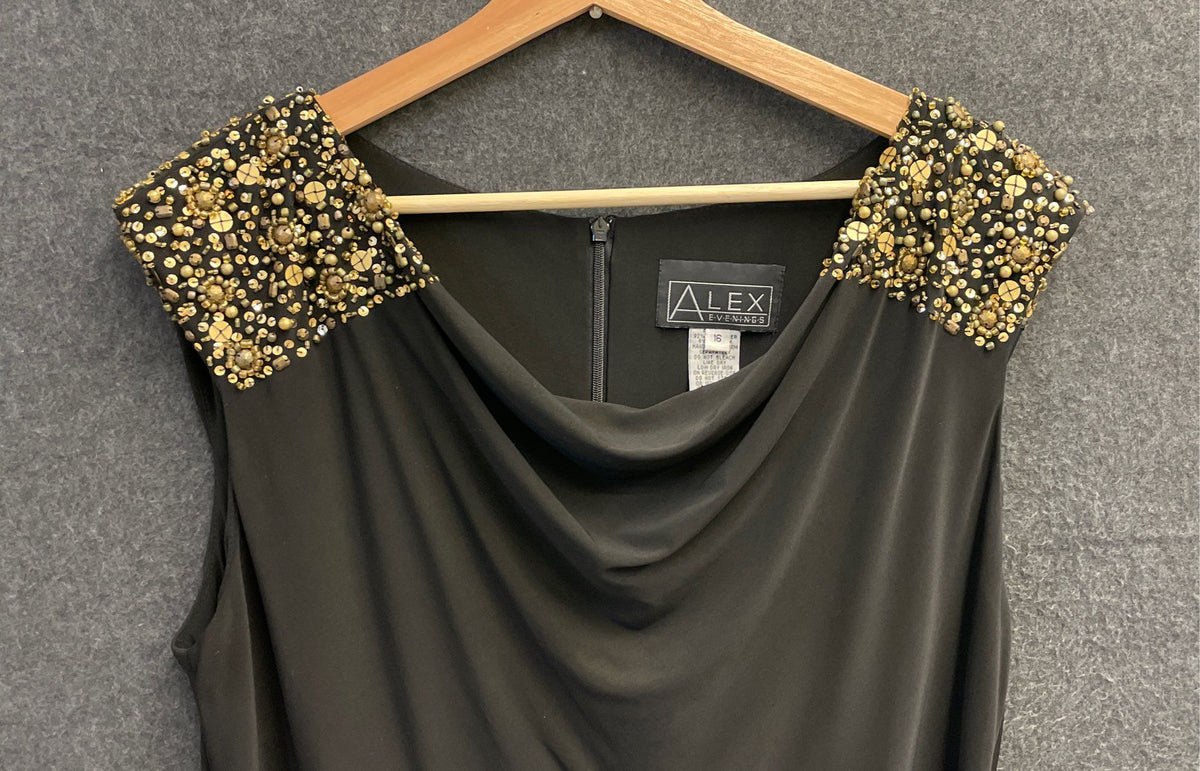 Alex Evenings Women's Black Draped Cowl Neck Beaded Shoulder Cocktail Dress 16