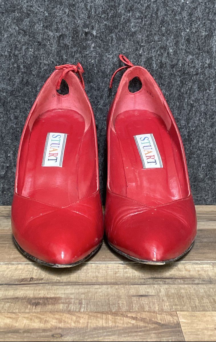Vintage 80s Stuart Red Leather Pumps Snakeskin Textured Heels Size 8.5 M
