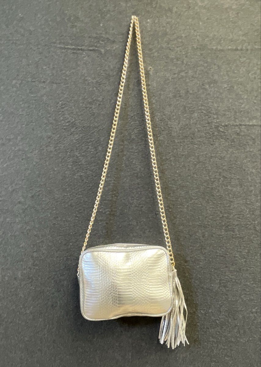 Victoria's Secret Silver Metallic Embossed Crossbody Bag Gold Chain Tassel