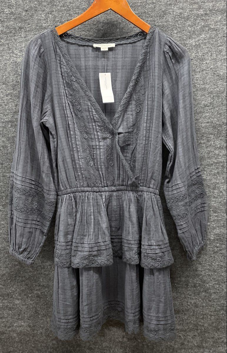 American Eagle Women's Dark Blue Tiered Eyelet Mini Dress Long Sleeve NWT Sz S
