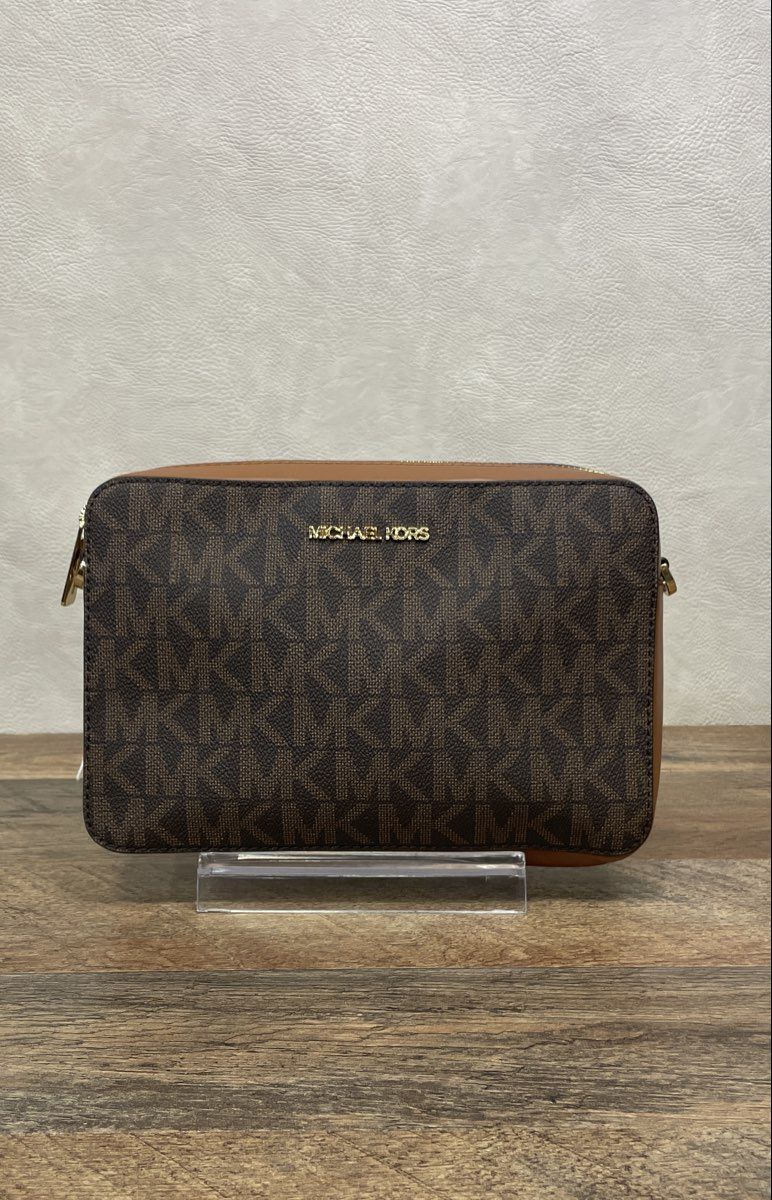 Michael Kors Brown Logo Jet Set Large Crossbody Camera Bag Gold Hardware