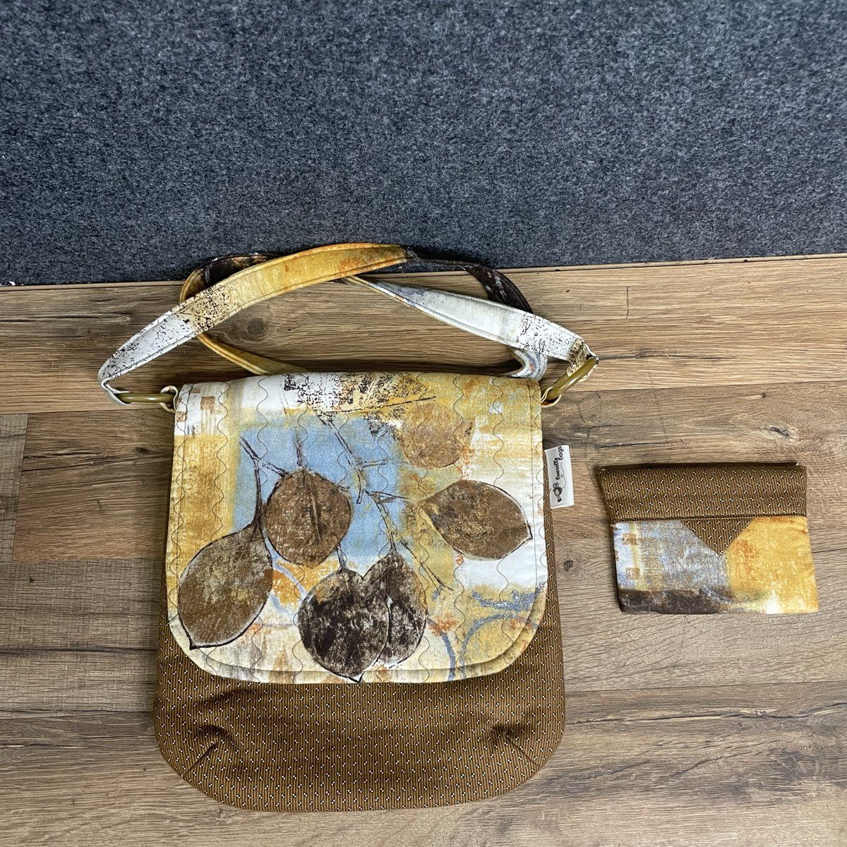 Beeville Bags Brown Tan Fabric Botanical Leaf Crossbody Purse with Change Purse