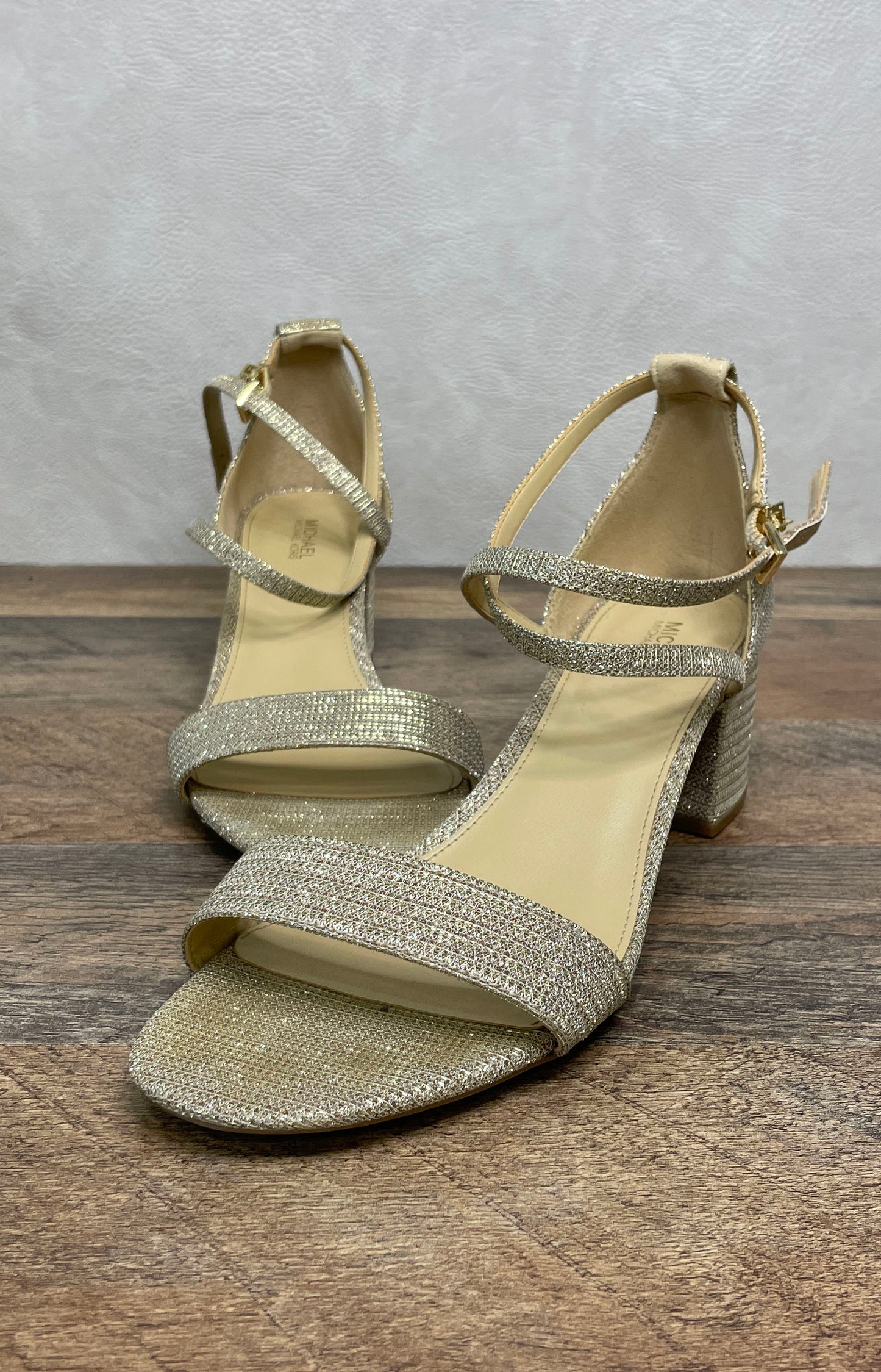 Michael Kors Pale Gold Shimmer Block Heel Ankle Strap Sandals Women's Size 8M