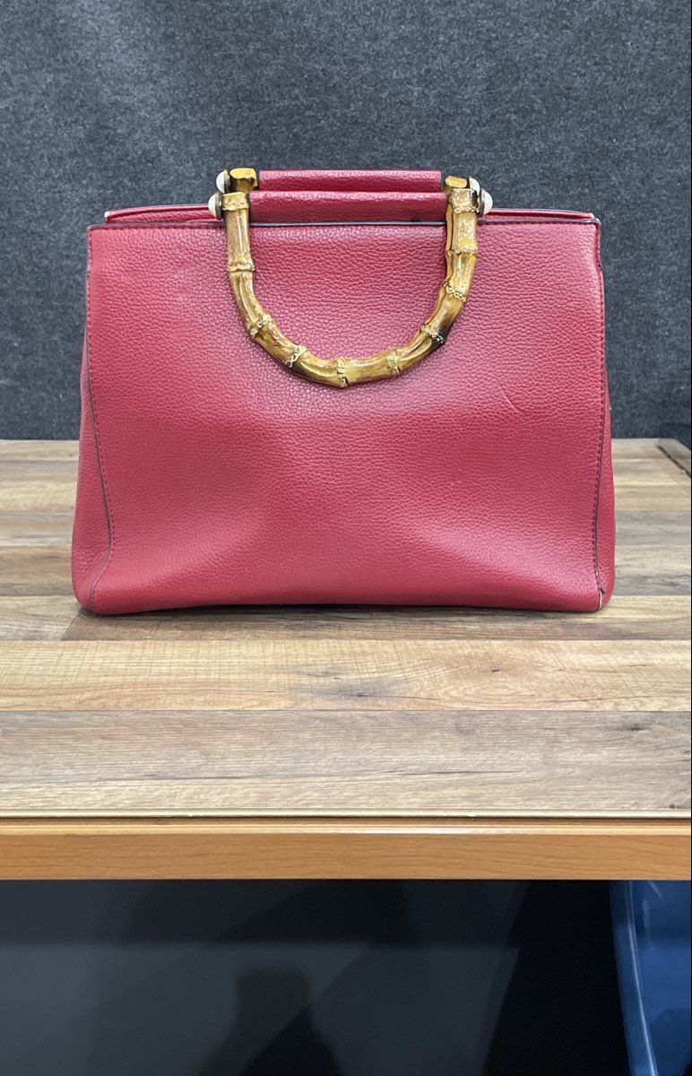 Red Pebbled Leather Bamboo Handle Satchel Bag Gold Tone Hardware