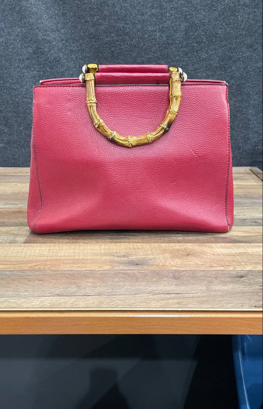 Red Pebbled Leather Bamboo Handle Satchel Bag Gold Tone Hardware