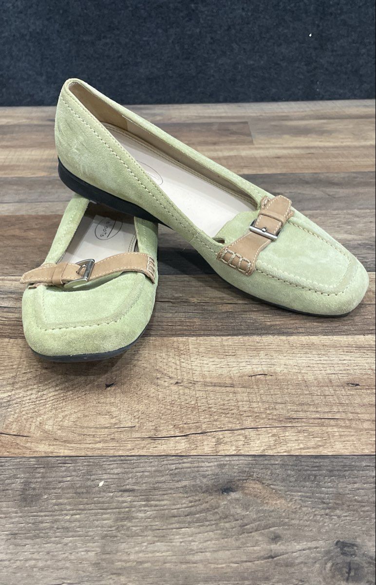 Talbots Green Suede Buckle Accent Square Toe Flat Loafers Women's Size 6B