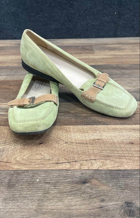 Talbots Green Suede Buckle Accent Square Toe Flat Loafers Women's Size 6B