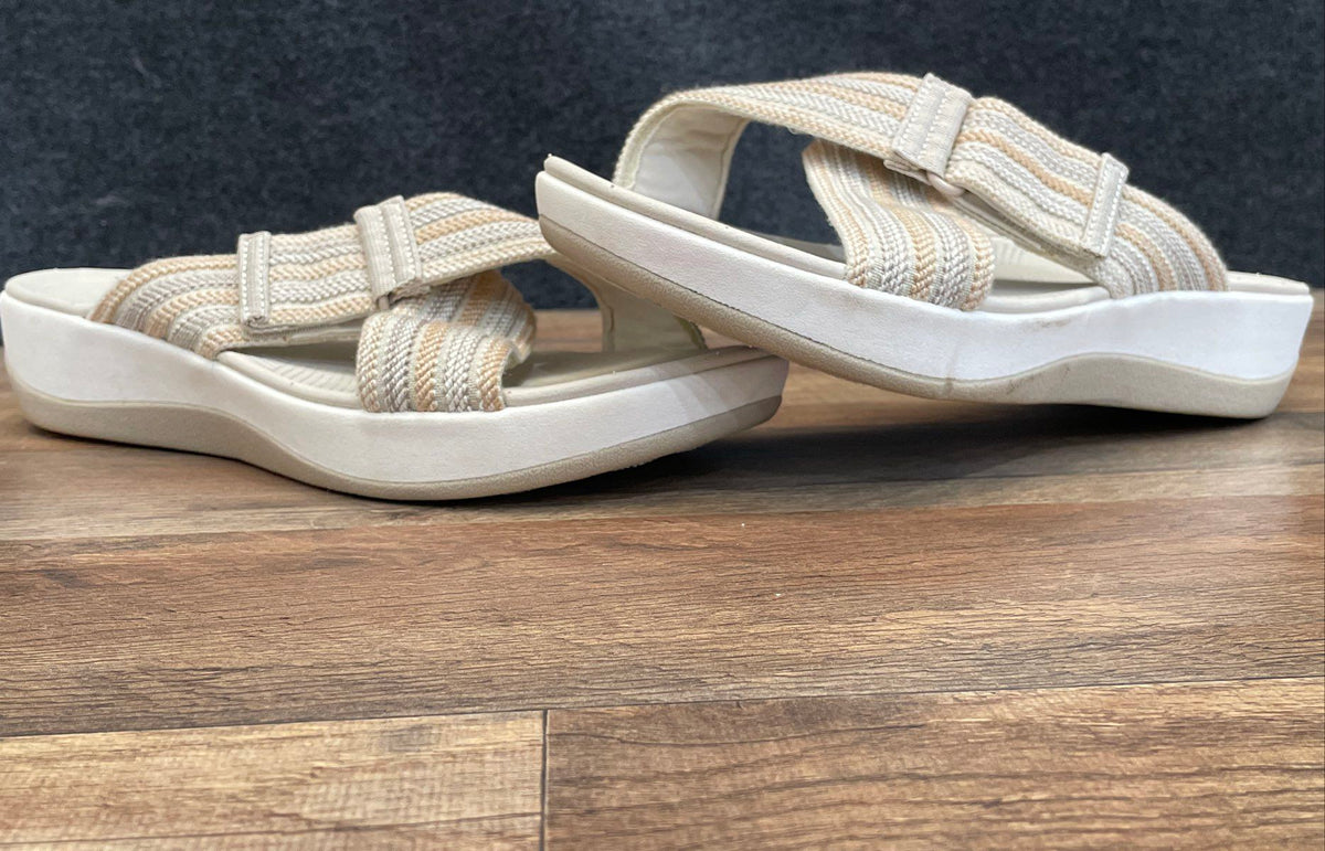 Clarks Cloudsteppers White Tan Striped Adjustable Slide Sandals Women's Size 10W