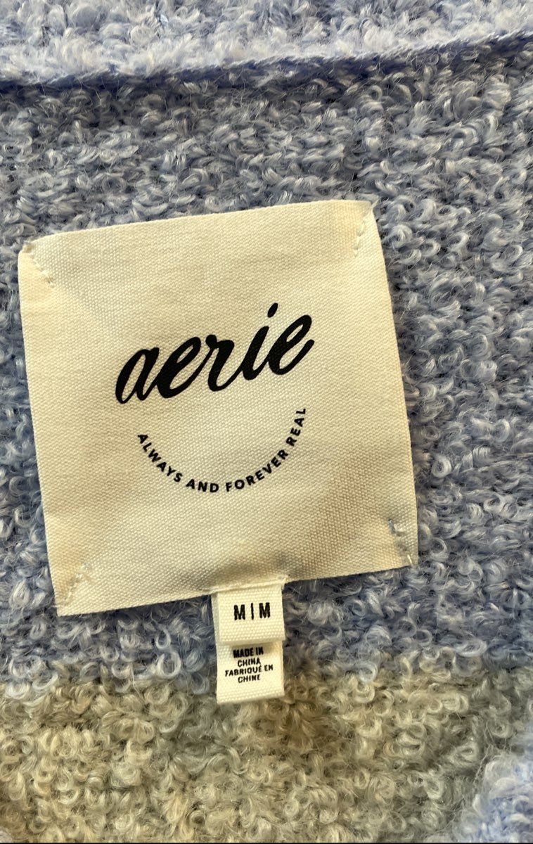 Aerie Women's Blue Cream Striped V-Neck Fuzzy Textured Knit Sweater Sz M