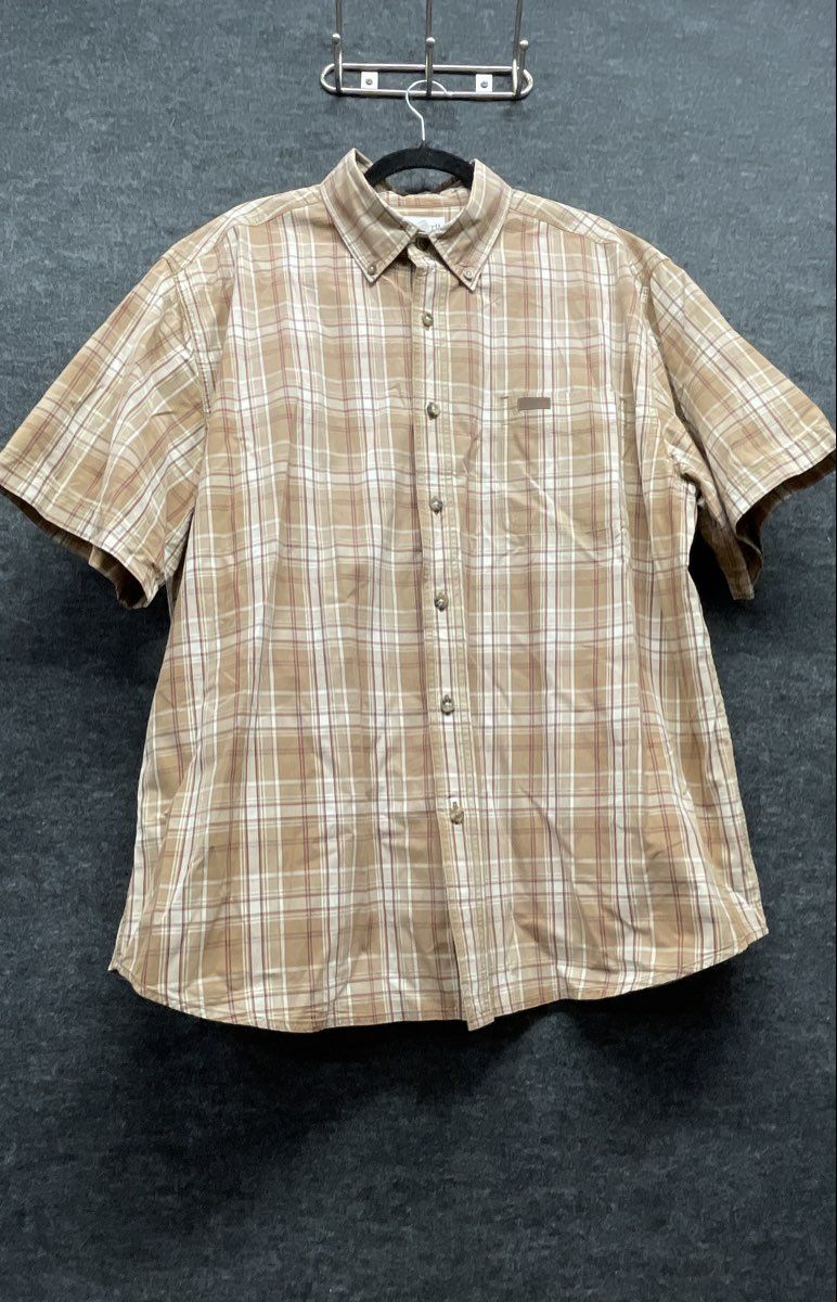 Carhartt Men's Tan Plaid Cotton Short Sleeve Button Up Shirt Model S185BUC Sz XL