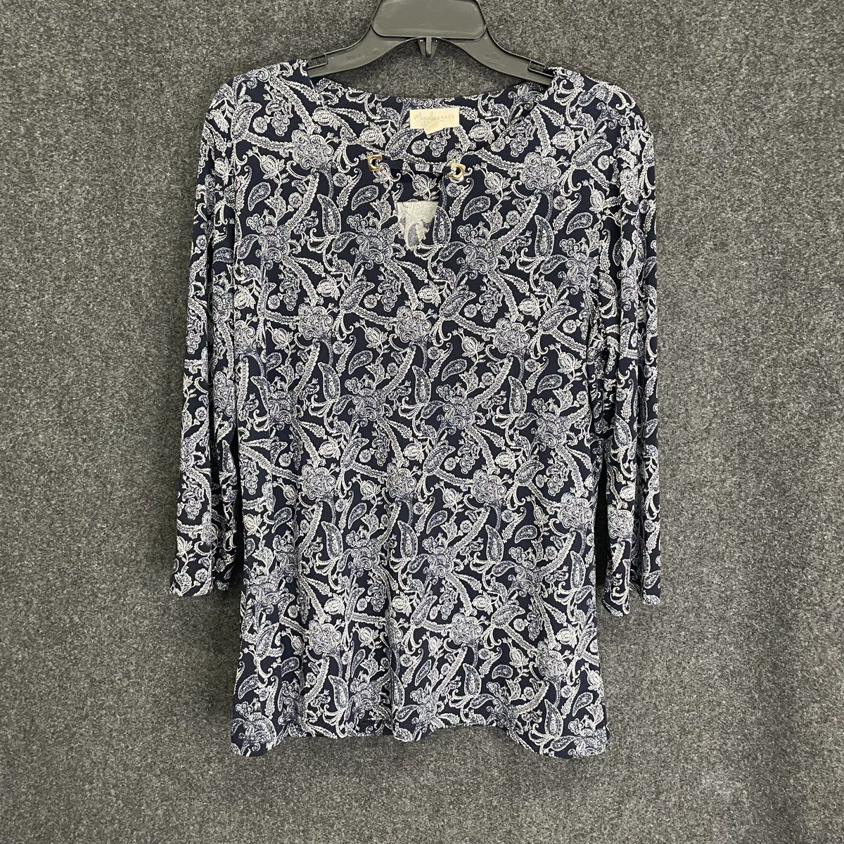 Magnolia Grace Women's Navy Blue White Paisley 3/4 Sleeve Tunic Shirt Sz L