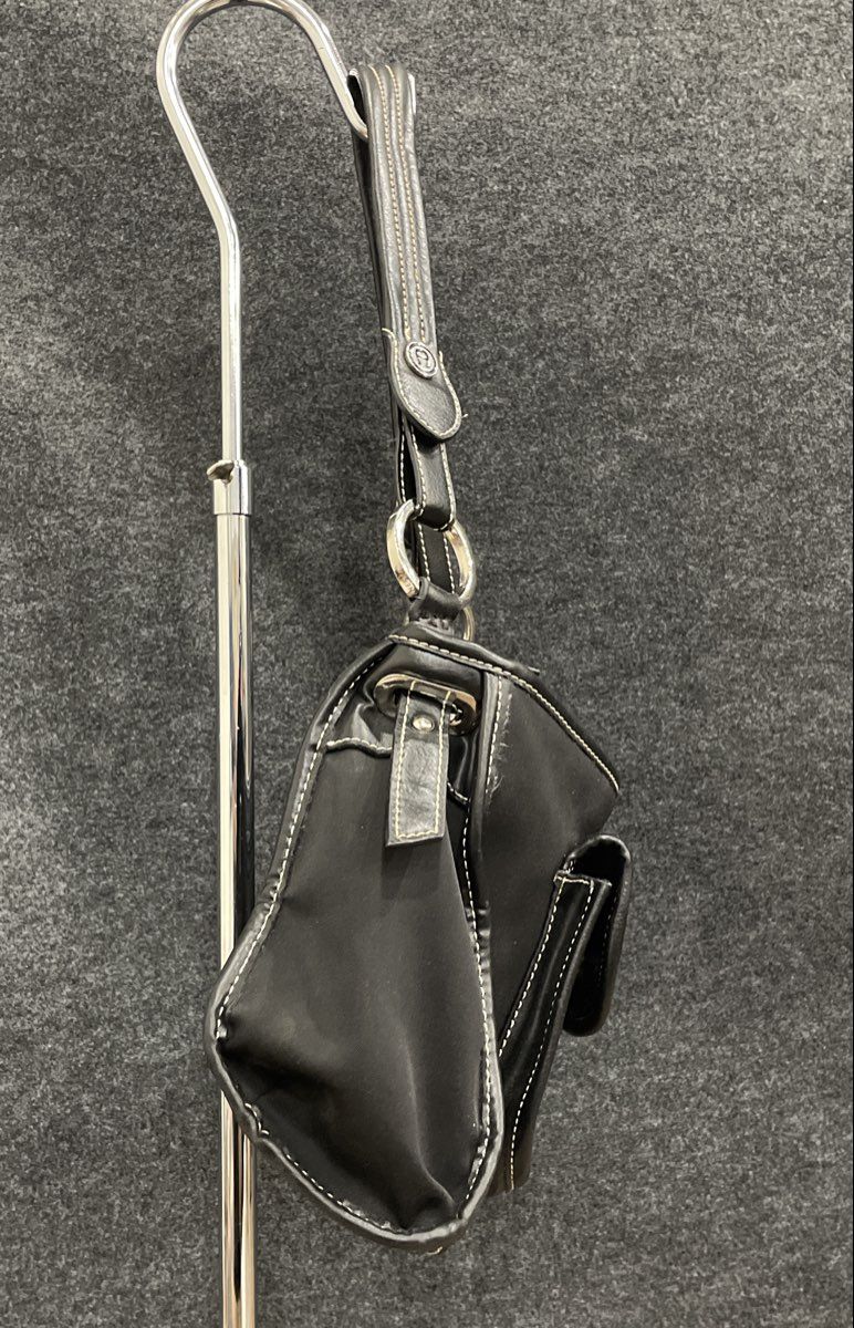 Etienne Aigner Black Canvas Leather Trim Shoulder Bag Silver Logo Hardware