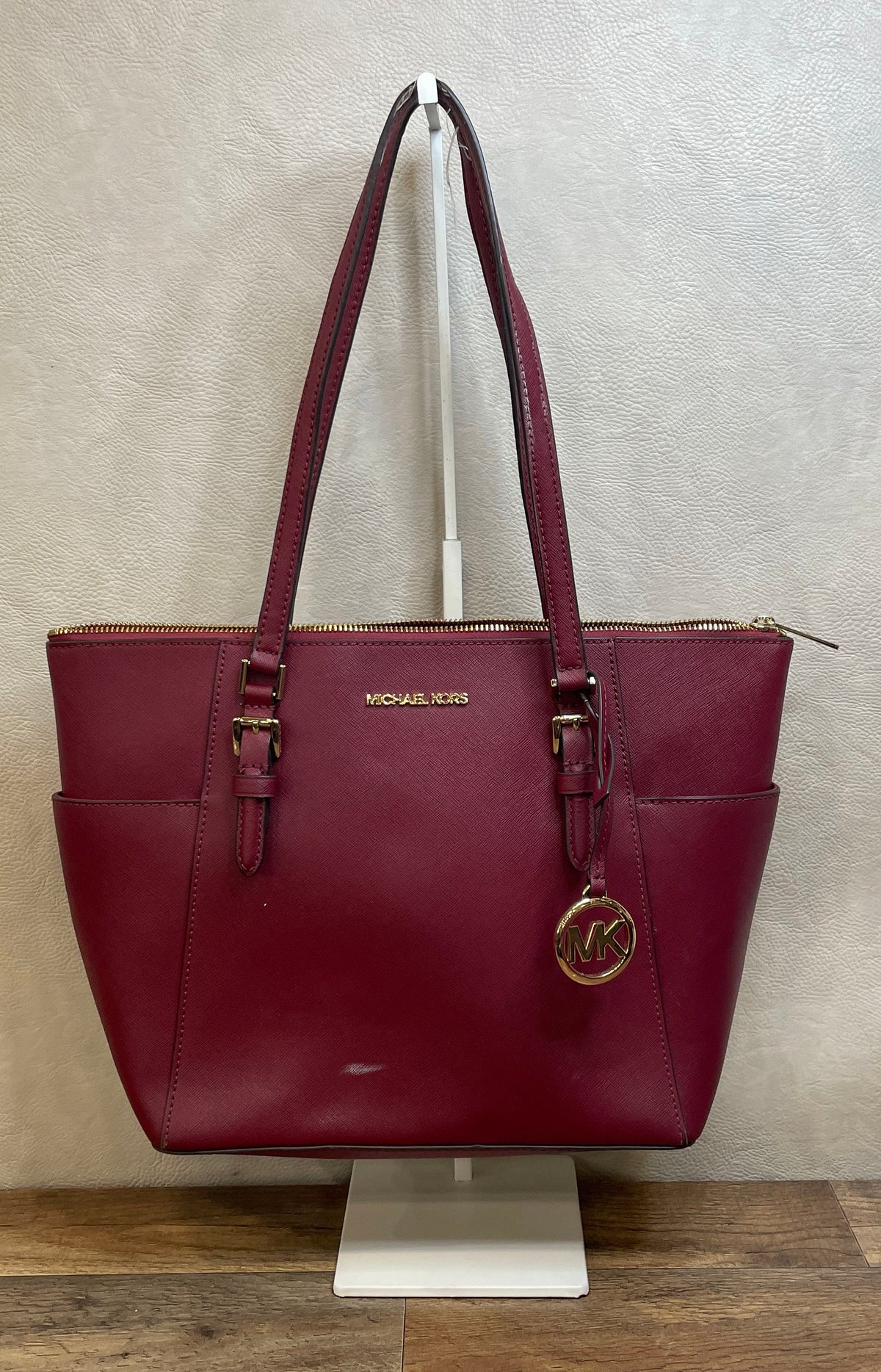 Michael Kors Burgundy Saffiano Leather Jet Set Tote Bag Gold Hardware