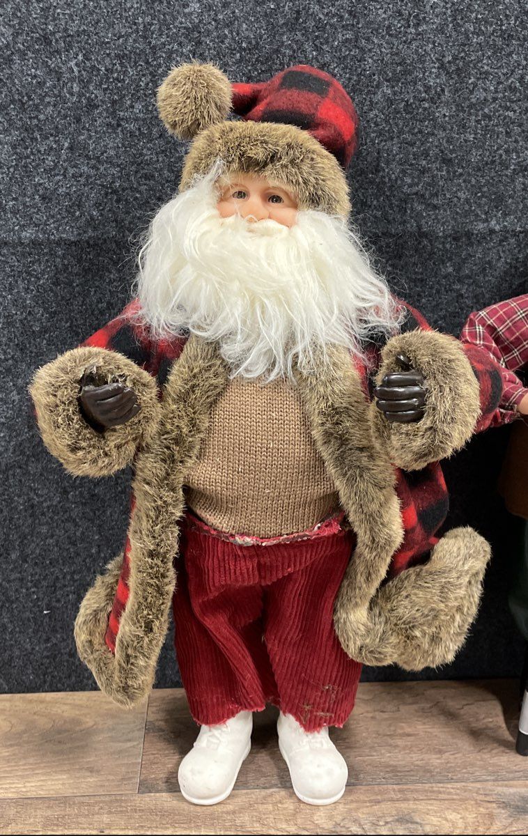 Lot of 2 Santa Claus Figures Fisherman & Rustic Plaid Holiday Tabletop Decor