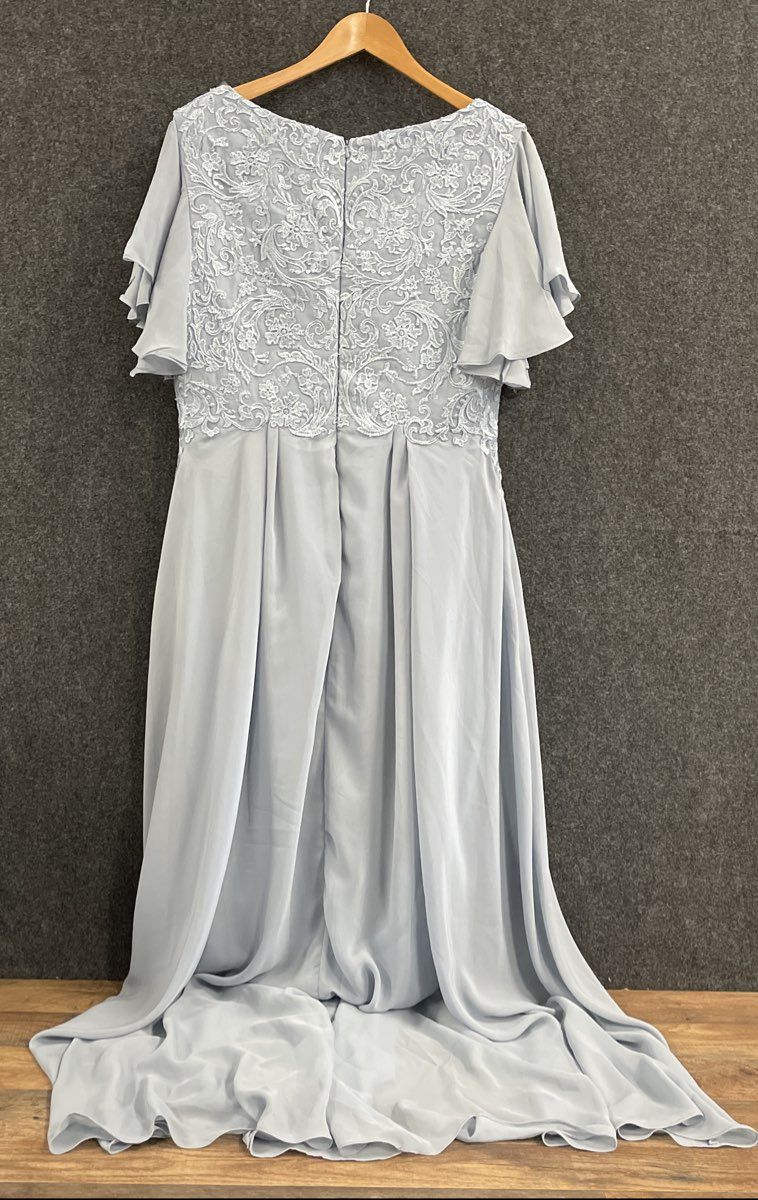 Women's Dusty Blue Formal Evening Gown Embroidered Lace Flutter Sleeve Sz 14