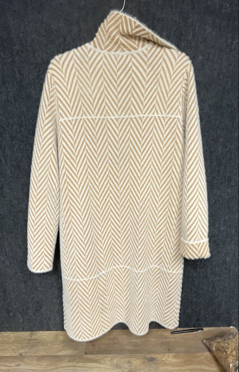 Cyrus Women's Beige White Herringbone Hooded Knit Long Cardigan Coat Sz S