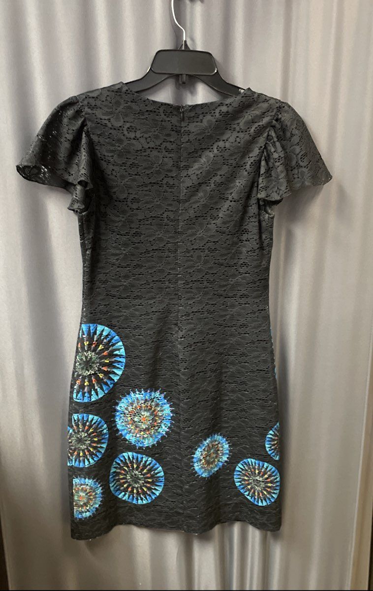 Desigual Women's Black Lace Graphic Mandala Circle Shift Dress Sz 38