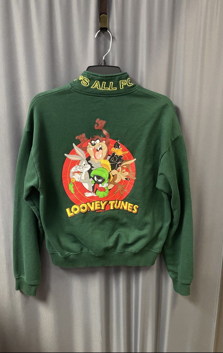 Looney Tunes Green 1/4 Zip Sweatshirt That's All Folks Graphic Sz Small