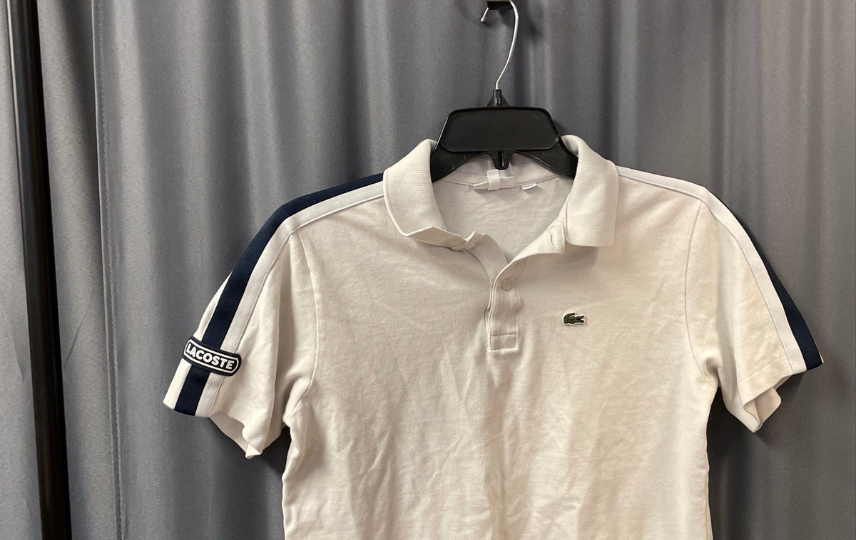 Lacoste Boys White Cotton Pique Polo Shirt Navy Blue Shoulder Stripe Logo Sz 14