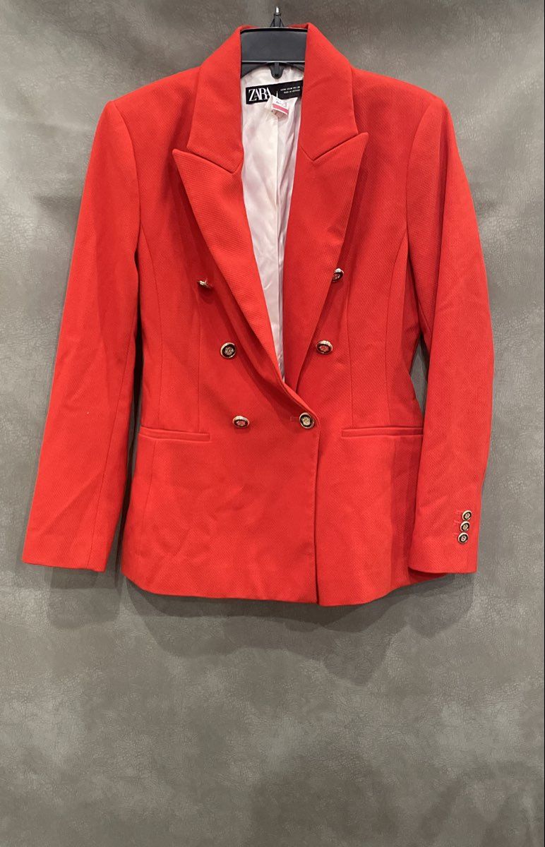 Zara Women's Red Double Breasted Blazer Crested Buttons Peak Lapel Sz M
