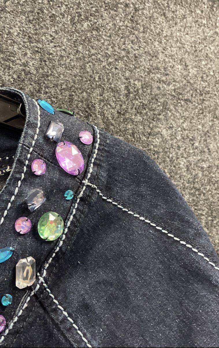 DG2 Diane Gilman Women's Dark Wash Studded Gem Denim Jacket Open Front L